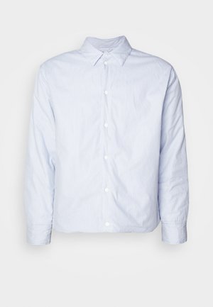 Blau-weiße gestreifte Hemdbluse, lange Ärmel, klassischer Kragen, Baumwollstoff, mit weißen Knöpfen vorne und geknöpften Ärmeln.