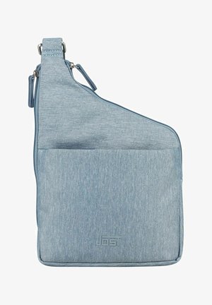 Sac bandoulière bleu clair avec poche avant, fermeture éclair inclinée sur le dessus et sangle réglable, estampillé du logo "JOSEF" sur la poche.