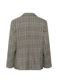 Vue arrière d’un blazer à manches longues avec un petit motif à carreaux noirs, blancs et gris, col plat et ourlet droit.