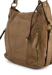 Brown leather shoulder bag with a textured surface, featuring a zippered side pocket and brass hardware accents. Softly rounded shape.