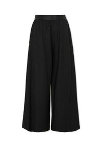 Pantaloni neri a gamba larga realizzati in un tessuto morbido ed elastico. Presentano una vita elastica e un design elegante e minimalista.