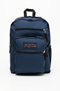Mørkeblå JanSport ryggsekk med hovedrom, to frontlommer med glidelås, og en mesh-lomme på siden, med holdbart stoff og svarte detaljer.