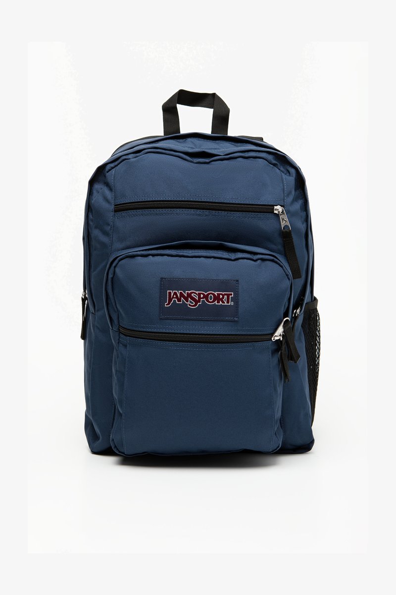 Mochila JanSport azul-marinho com um compartimento principal, dois bolsos frontais com zíper e um bolso lateral em malha, apresentando um tecido durável e acessórios em preto.