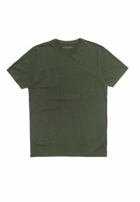 Olive green cotton t-shirt with a round neck, short sleeves, and a simple design. No patterns or accents visible. Soft texture.