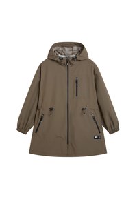 Olive green waterproof jacket with a hood, featuring a front zipper, three zippered pockets, and adjustable drawstrings at the waist and hood.