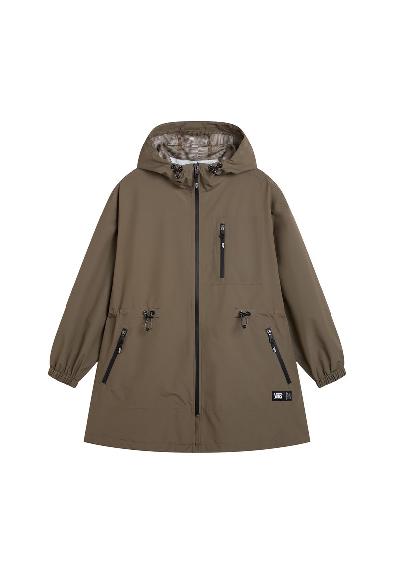 Olive green waterproof jacket with a hood, featuring a front zipper, three zippered pockets, and adjustable drawstrings at the waist and hood.