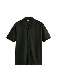 Camicia a maniche corte di colore verde scuro realizzata in tessuto liscio, con colletto, chiusura a bottoni e una vestibilità rilassata senza motivi visibili.
