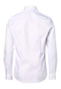 Weißes Langarm-Shirt mit klassischem Kragen, Knopfmanschetten und einer glatten Textur. Verfügt über Seitenpaneele und einen abgerundeten Saum für eine figurbetonte Optik.