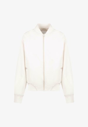 Licht crèmekleurig bomberjack met een ritssluiting aan de voorkant, geribbelde manchetten en zijknopen; gladde stof en een ontspannen pasvorm.