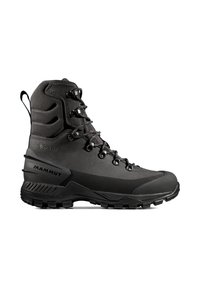 Schwarzer Wanderschuh mit einer glatten Oberfläche und einer strukturierten Textur, verstärkter Zehenbereich und Knöchelunterstützung. Ist mit Schnürung und einer robusten Sohle ausgestattet.