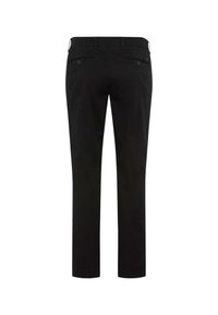 Schwarze Hose mit geradem Schnitt, aus glattem Stoff, mit zwei Gesäßtaschen mit Knopfverschluss und einem Gürtelschlaufen an der Taille.