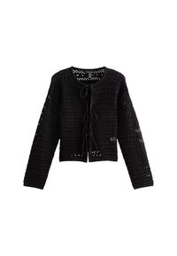 Cardigan in crocheted nero con scollo rotondo, maniche lunghe e chiusura frontale con lacci. Presenta un motivo in maglia aperta con strisce orizzontali.