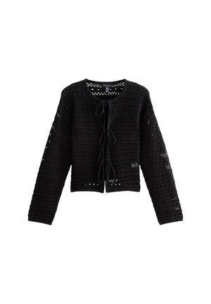 Black crochet cardigan featuring a round neckline, long sleeves, and a front tie closure. It has an open-knit pattern with horizontal stripes.