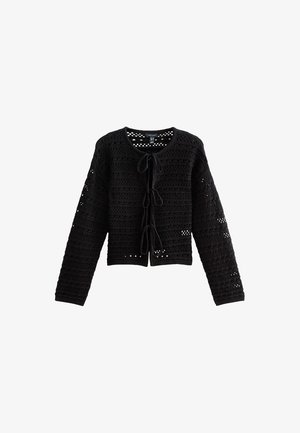 Black crochet cardigan featuring a round neckline, long sleeves, and a front tie closure. It has an open-knit pattern with horizontal stripes.