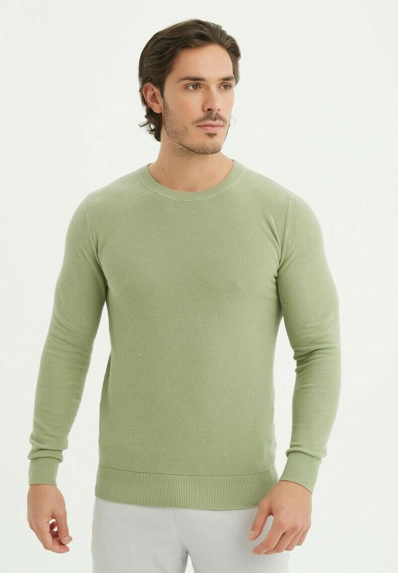 Pull en maille verte avec des manches longues, encolure ras de cou et bords côtelés. Tissu texturé et coupe ajustée.