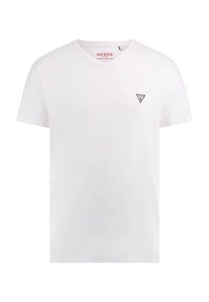 T-shirt bianco in cotone organico con scollo a V, maniche corte e un piccolo logo triangolare nero sul lato sinistro del petto. Texture liscia.