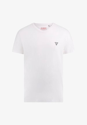 T-shirt bianco in cotone organico con scollo a V, maniche corte e un piccolo logo triangolare nero sul lato sinistro del petto. Texture liscia.