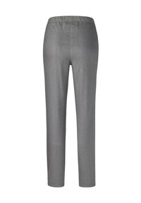 Grijze broek met een gladde textuur, elastische tailleband en taps toelopende benen. Geen zichtbare zakken of versieringen. Schoon, eenvoudig ontwerp.