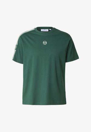 Grøn bomulds T-shirt med rund hals, korte ærmer og hvide sidelister. Har et rundt logo på brystet og en glat tekstur.