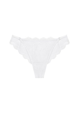 Biała koronkowa stringi z kwiatowym wzorem, falbaniastymi krawędziami i gładką teksturą. Posiada regulowane boki dla indywidualnego dopasowania.