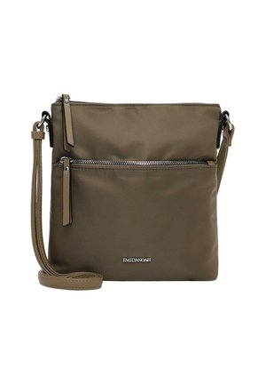 Small olive green crossbody bag with front zipper pocket, adjustable strap, and silver "EMILY&NOAH" logo on front.