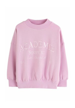 Sweat-shirt rose clair avec un col rond côtelé. Présente un texte en relief : « ACADÉMIE Sportive Paris Club Social Est 82. » Tissu doux, coupe ample.