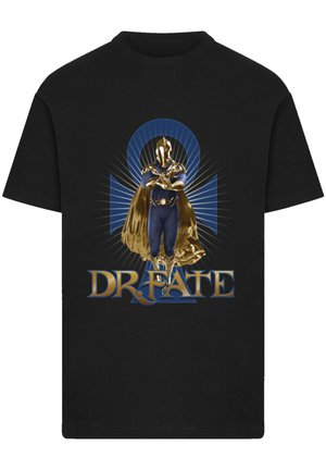 Black cotton T-shirt featuring a graphic of a character in a golden cloak and helmet, with "DR. FATE" text in blue below.