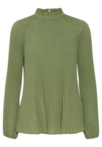 Blusa verde oliva a maniche lunghe con texture plissettata, colletto alto arruffato e orlo arricciato. Tessuto morbido con una vestibilità comoda.