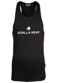 Fekete, ujjatlan trikó, pamutból készült, fehér logóval és középen elhelyezett "GORILLA WEAR" felirattal. Sima tapintású, sportos szabású.