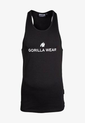 Melna bez piedurknēm T-krekls, izgatavots no kokvilnas, ar baltu logotipu un tekstu "GORILLA WEAR", kas centrēts uz priekšu. Gluda tekstūra, sportiska piegriezuma.