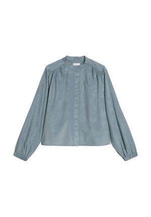 Lichtblauwe blouse met lange mouwen, hoge kraag, knopen sluiting aan de voorkant en geplooide details op de schouders en mouwen. Gladde stof.