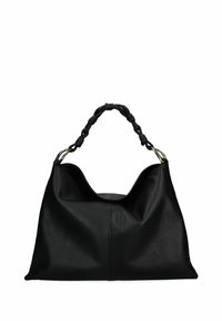 Borsa in pelle nera con un design morbido e sfuggente. Presenta un manico annodato e dettagli metallici. Superficie testurizzata con una parte frontale senza cuciture.