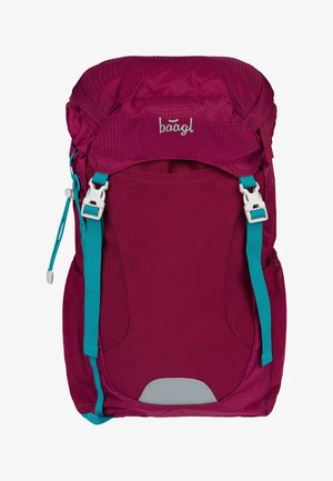 Sac à dos magenta en matériau texturé, avec des bretelles turquoise, des boucles blanches et un accent gris à la base ; il dispose de poches latérales en mesh.