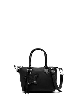 Borsa nera con doppi manici, tracolla staccabile e ciondolo in pelle a forma di stella con nappine sul davanti.