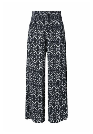 Sort-hvide bukser med brede ben, der har en høj, elastisk smocket talje og et diamantformet geometrisk mønster over det hele.