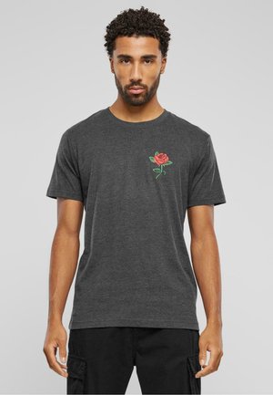 Dark gray cotton t-shirt featuring a small red rose embroidery on the left chest. Crew neck design with short sleeves.