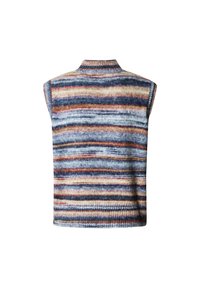 Ärmlös stickad tröja med hög krage, försedd med horisontella ränder i blå, beige och orange toner. Texturerad, mjuk tyg med ribbad fåll.