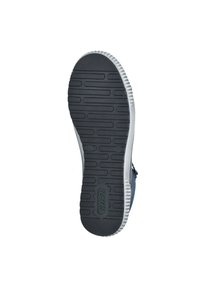 Semelle de chaussure en caoutchouc avec une surface noire texturée, présentant des rainures horizontales et verticales pour l'adhérence. Bord blanc avec détails du logo.