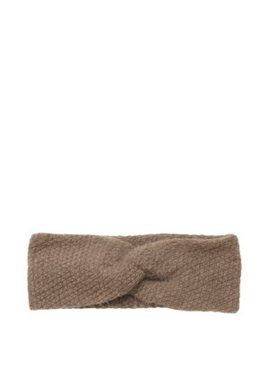 Brown knitted wool headband with a twisted knot design in the center, shown on a white background.