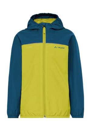 Giacca con cappuccio blu e gialla con cerniera frontale, polsini elasticizzati e logo "Vaude" sul petto sinistro.