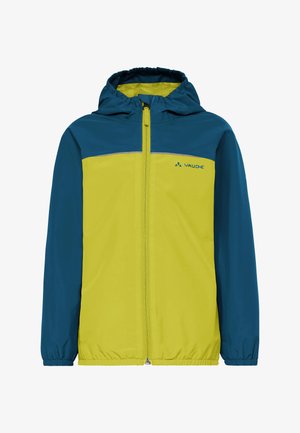Blau-gelbe Kapuzenjacke mit Reißverschluss vorne, elastischen Bündchen und Vaude-Logo auf der linken Brust.