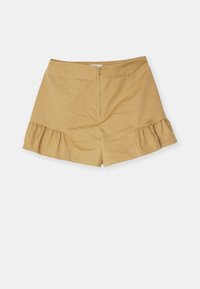 Beige hoge taille shorts met een rits aan de voorkant en gerimpelde details langs de onderste zoom van beide benen.