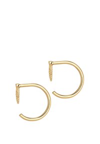 Goldene Creolen mit einem strukturierten Akzent am Verschluss. Zirkuläres Design, glatte Oberfläche und eine dünne, leichte Konstruktion.