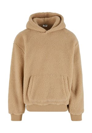 Beige fleece hette med en myk tekstur, kengurulomme, vide ermer og ribbestrikket kant og mansjetter.