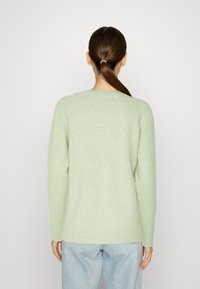 Maglione verde chiaro con una consistenza morbida, maniche lunghe e scollatura rotonda. Presenta polsini e orlo a coste, indossato con jeans di denim.