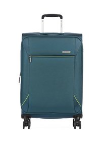 Valigia espandibile blu con finitura testurizzata, tasca anteriore con zip, linee di accento gialle e quattro ruote nere. Manico retrattile superiore.