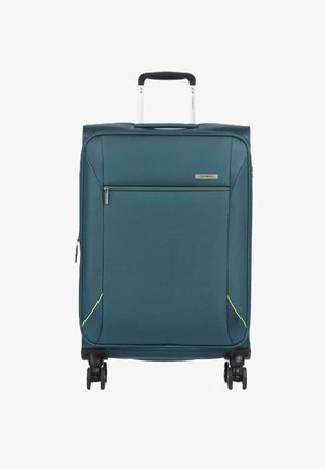 Valigia espandibile blu con finitura testurizzata, tasca anteriore con zip, linee di accento gialle e quattro ruote nere. Manico retrattile superiore.