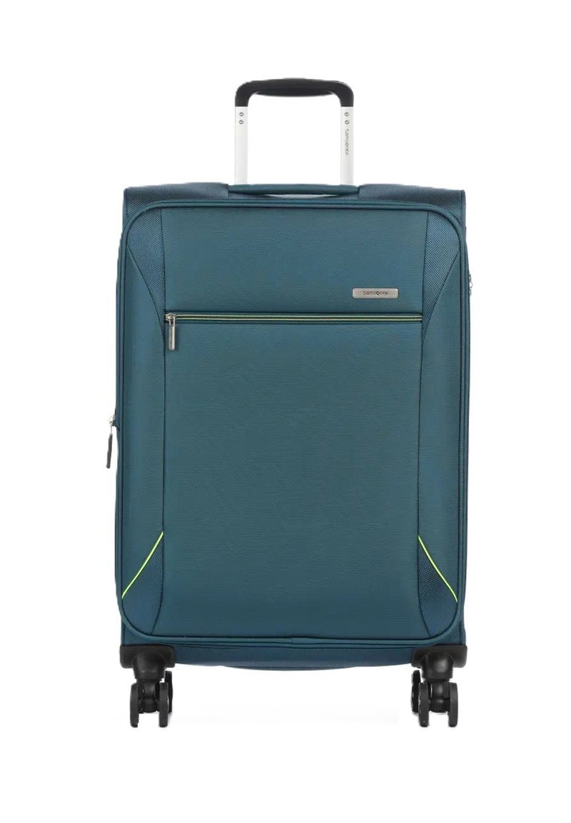 Valigia espandibile blu con finitura testurizzata, tasca anteriore con zip, linee di accento gialle e quattro ruote nere. Manico retrattile superiore.