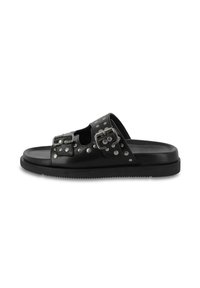Black leather sandal with dual buckles, silver stud accents, open toe design, and textured black outsole for grip.