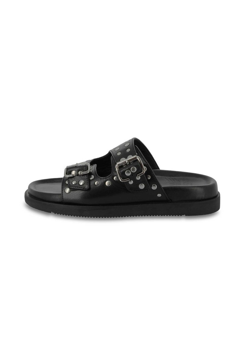 Black leather sandal with dual buckles, silver stud accents, open toe design, and textured black outsole for grip.